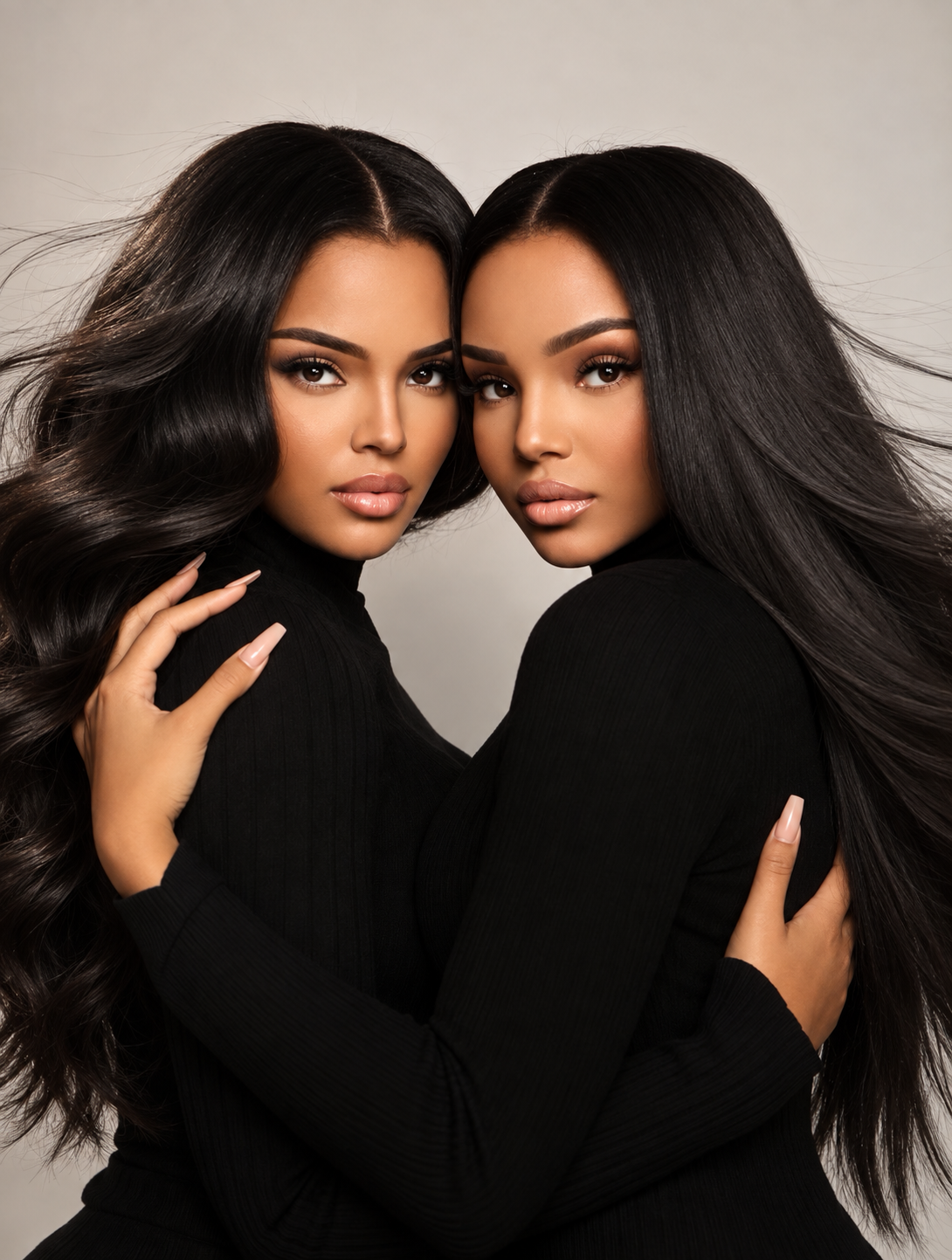 Collab Beauty Studio campaign photograph — two women in black with long hair flowing outward